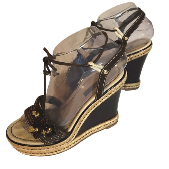 Louis Vuitton Brown Suede/Patent Leather Logo Charms Wedge Sandals Sz 36.5 -6.5 - Picture 3 of 16